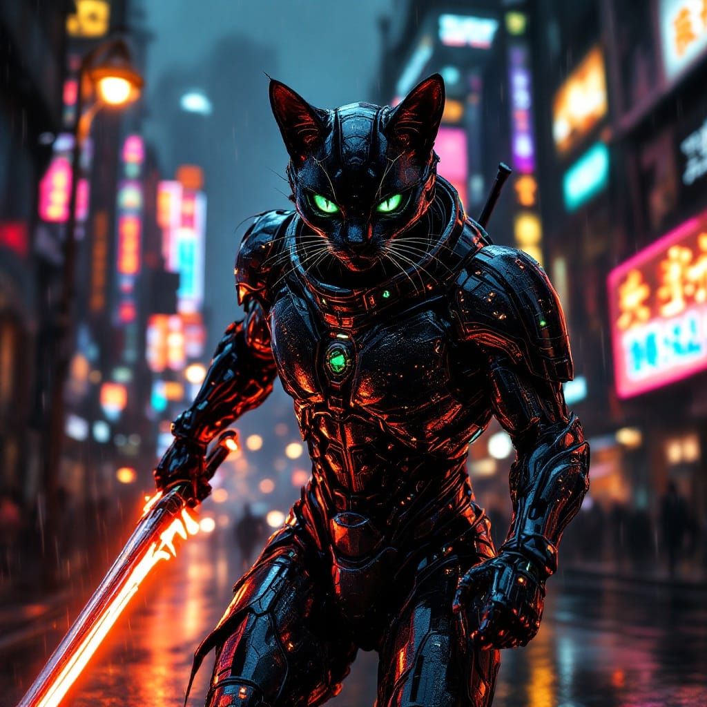 Cyberpunk Cat-Warrior Stalks New Tokyo Cityscape