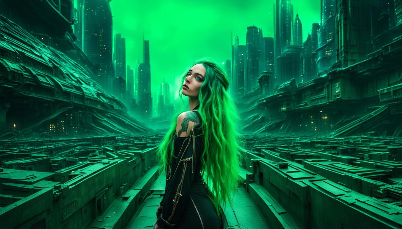 Mysterious Cosmic Girl in Spacepunk Cityscape