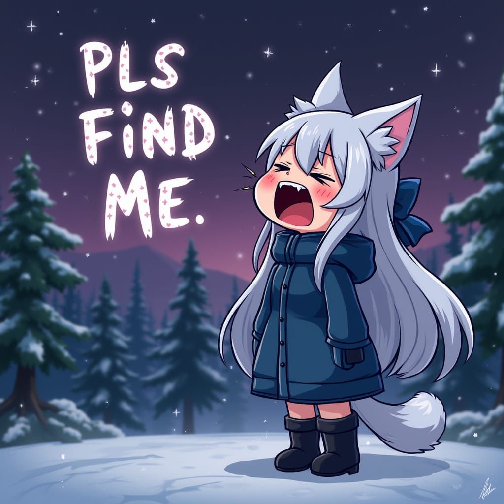 Anime Catgirl Shouts in Snowy Mountains