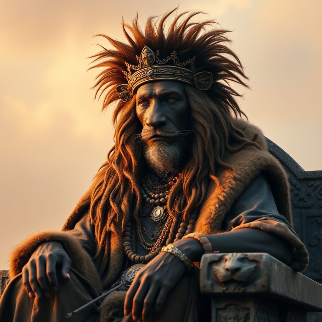 African King on Stone Throne in Tribal Art Style