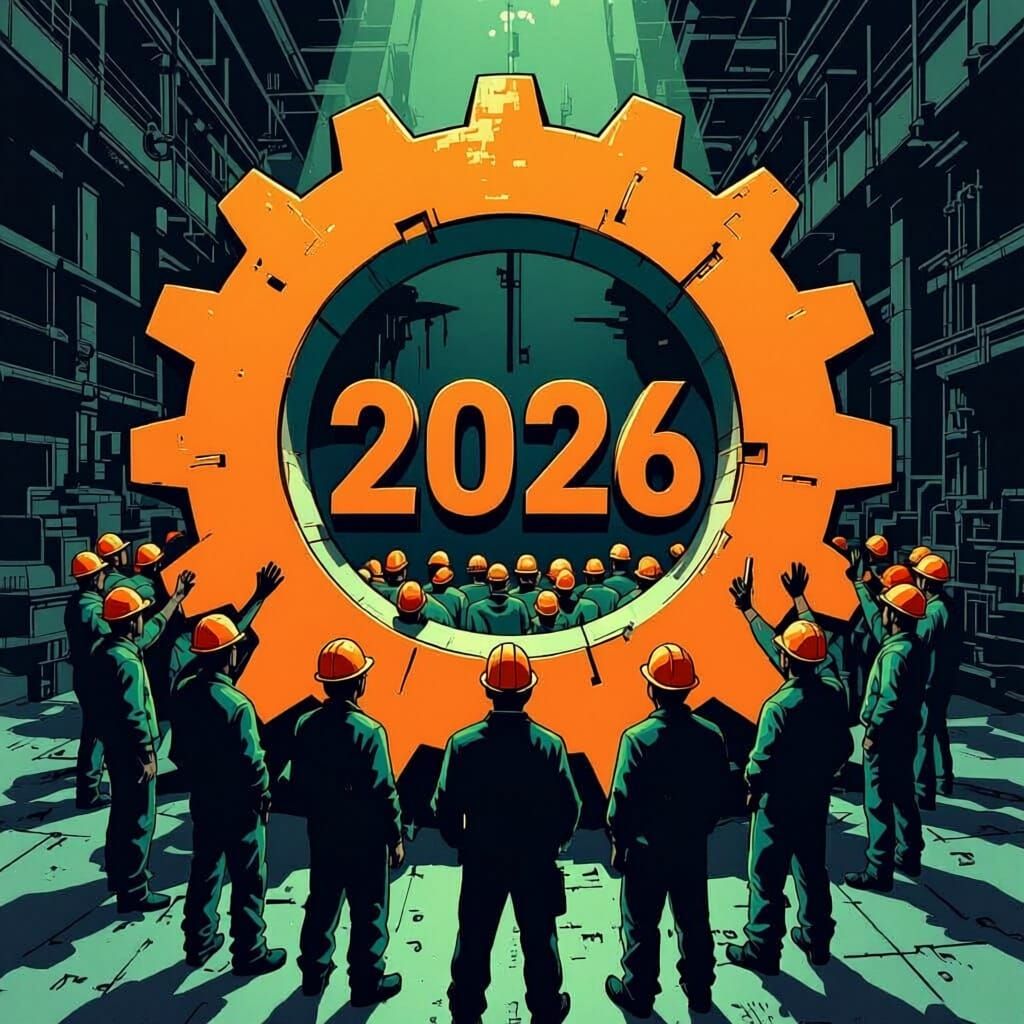 Industrial Workers Form Sea-Green Gear Symbolizing 2026