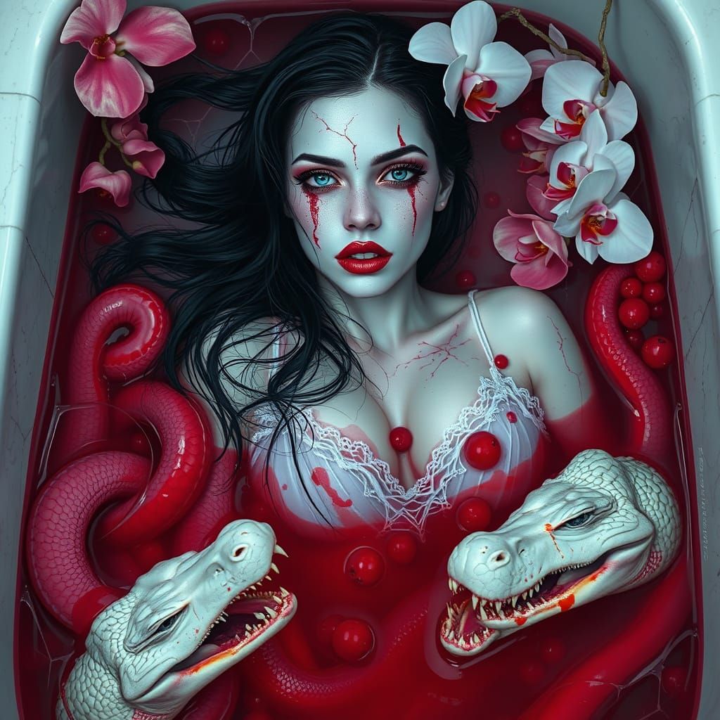 Vampire Goddess in Bloody Bath: Hyper-Realistic Splash Art