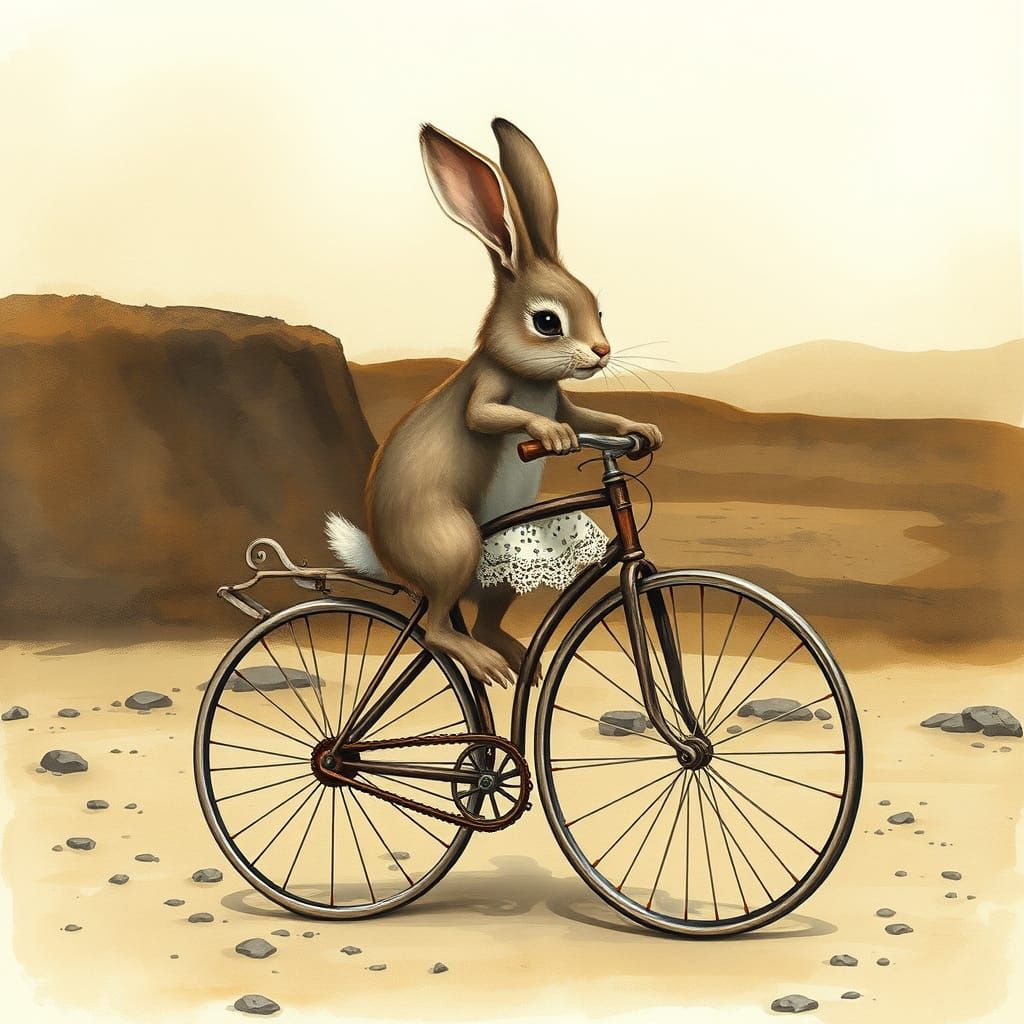 A Bunny Pedals a Vintage Bicycle Through a Desolate Landscap...