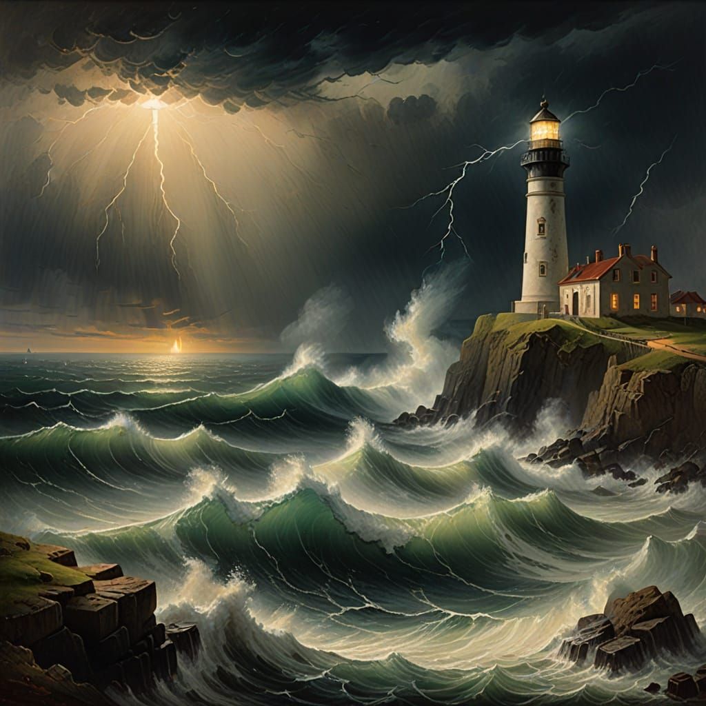 Lighthouse in Stormy Seas as Dramatic Painting