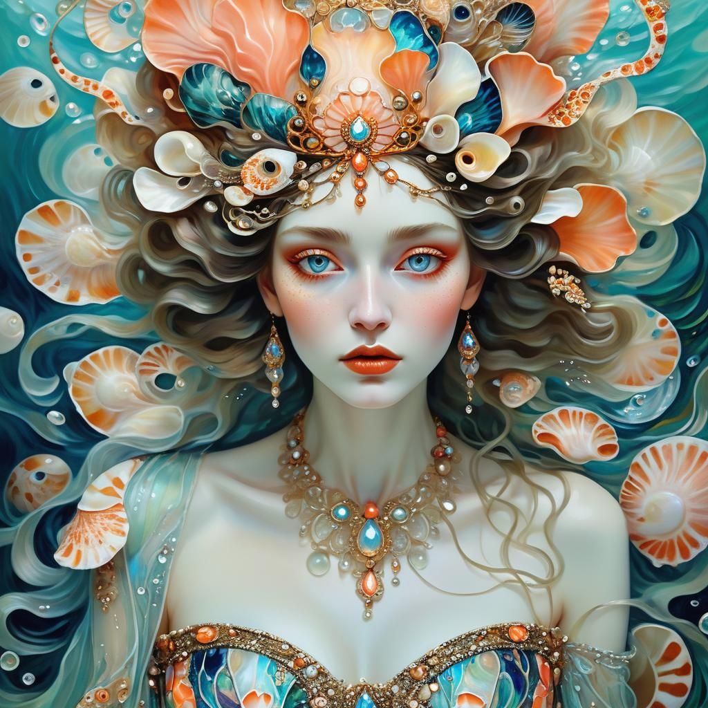 Siren Queen in Luminescent Sea, Klimt-Inspired Art Nouveau