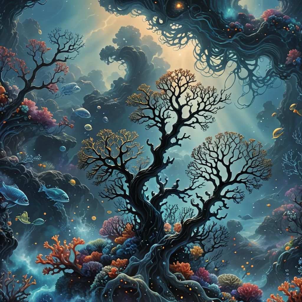 Black Coral Beneath Raging Ocean, Fantasy Art