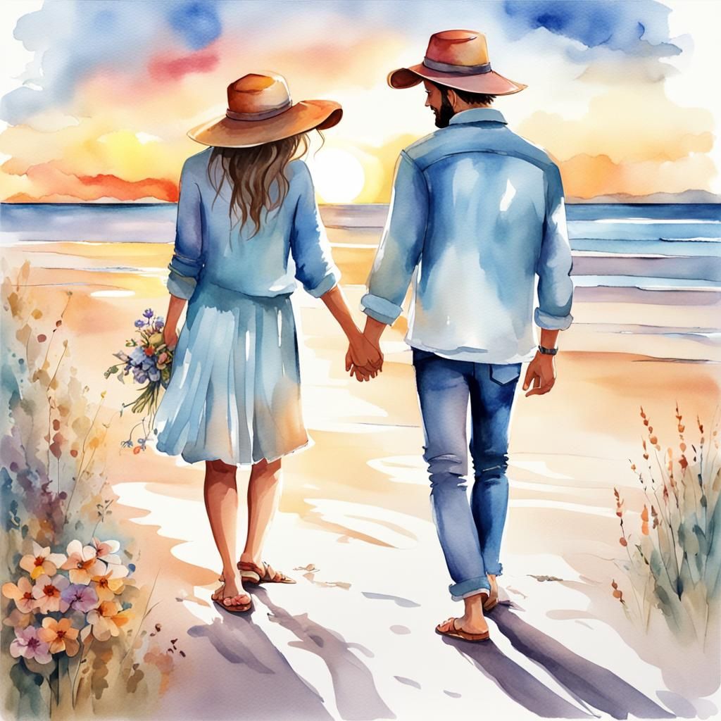 Boho Couple on Beach at Sunset in Watercolor