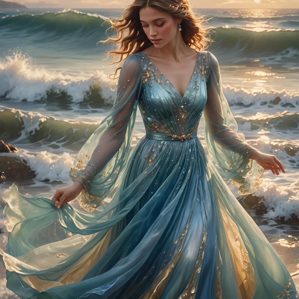 A woman who's dress is the ocean
