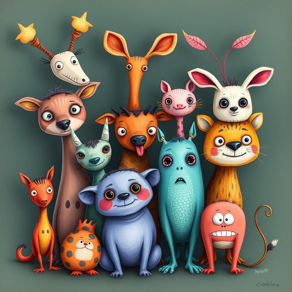 Nine Whimsical Animals in Playful Hand-Drawn Style