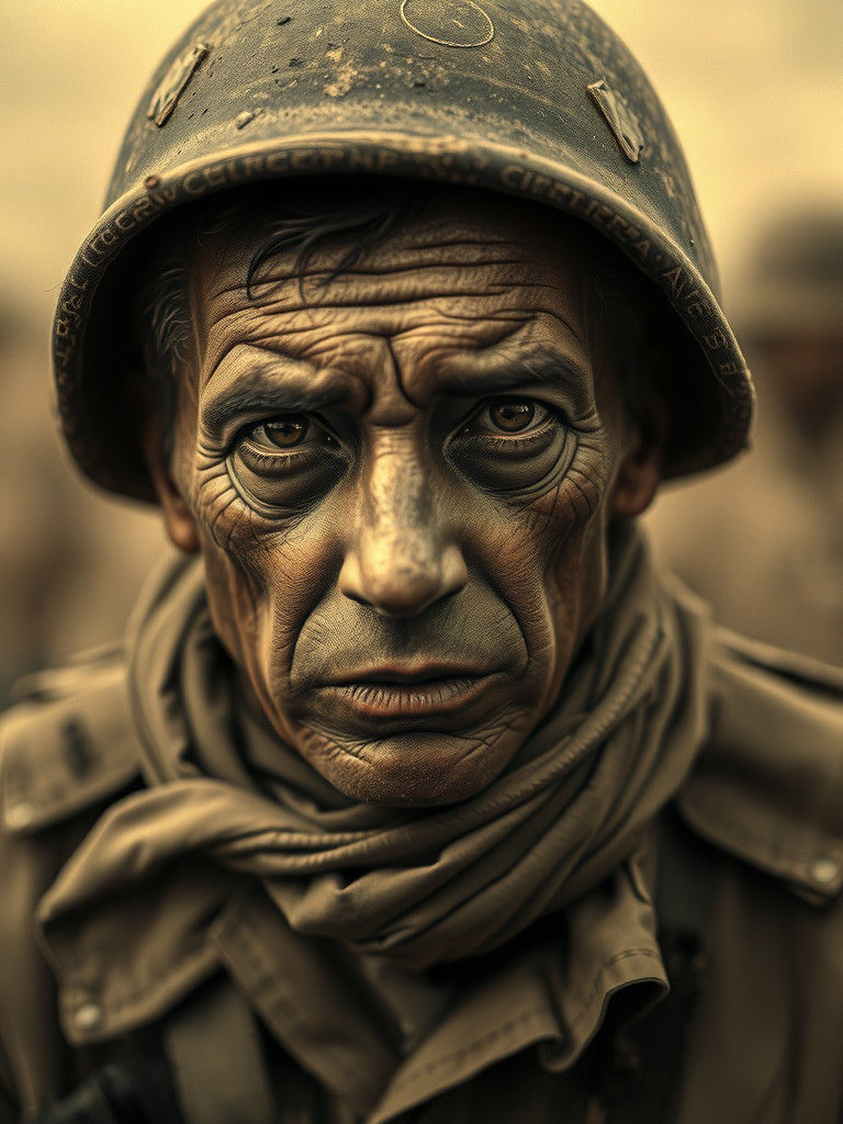 Sepia Portrait of a Weary 20th Century Soldier