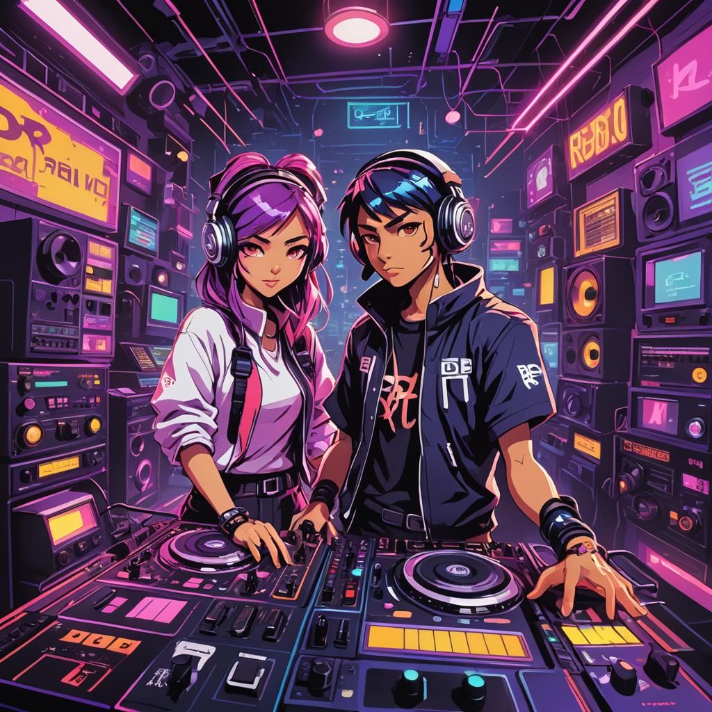 Vibrant Cartoon Ninja DJs in Neon Radio Studio