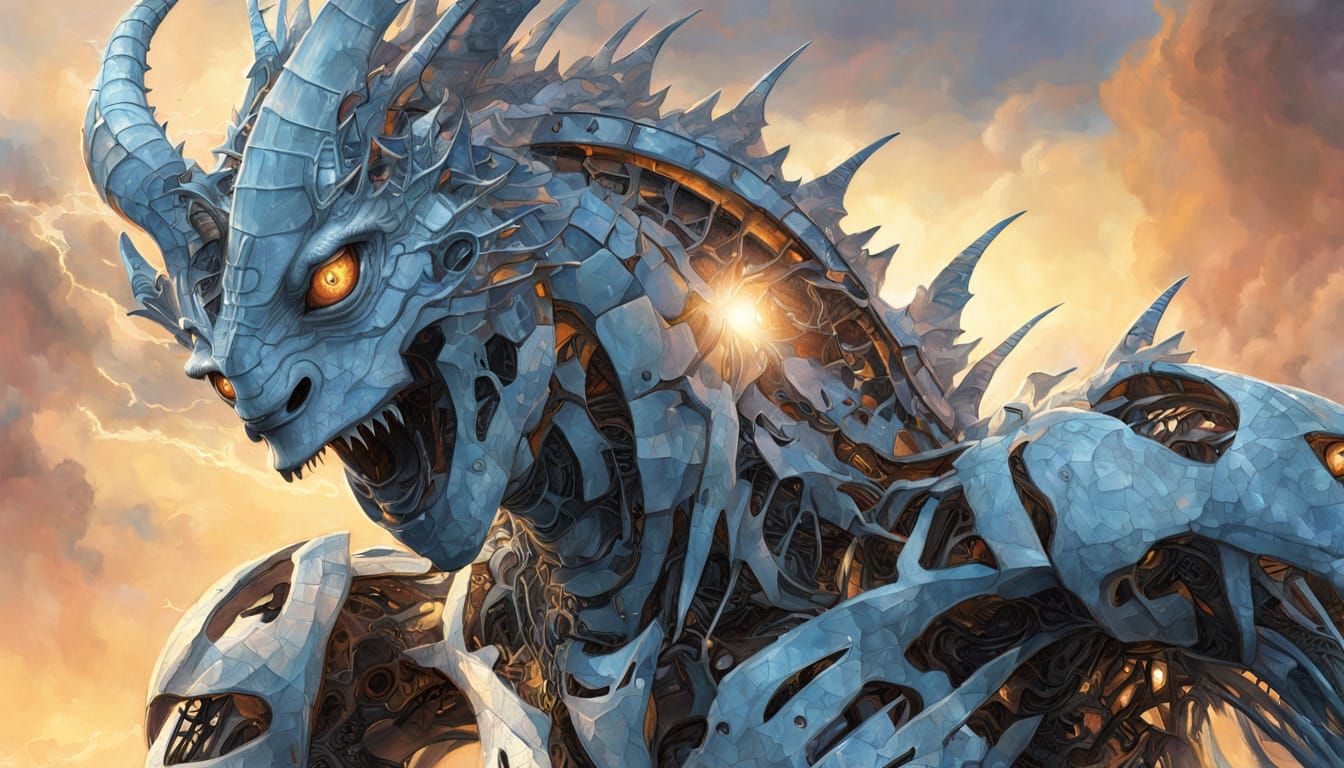 Celestial Being with Cybernetic Limbs and Dragon in Digital ...