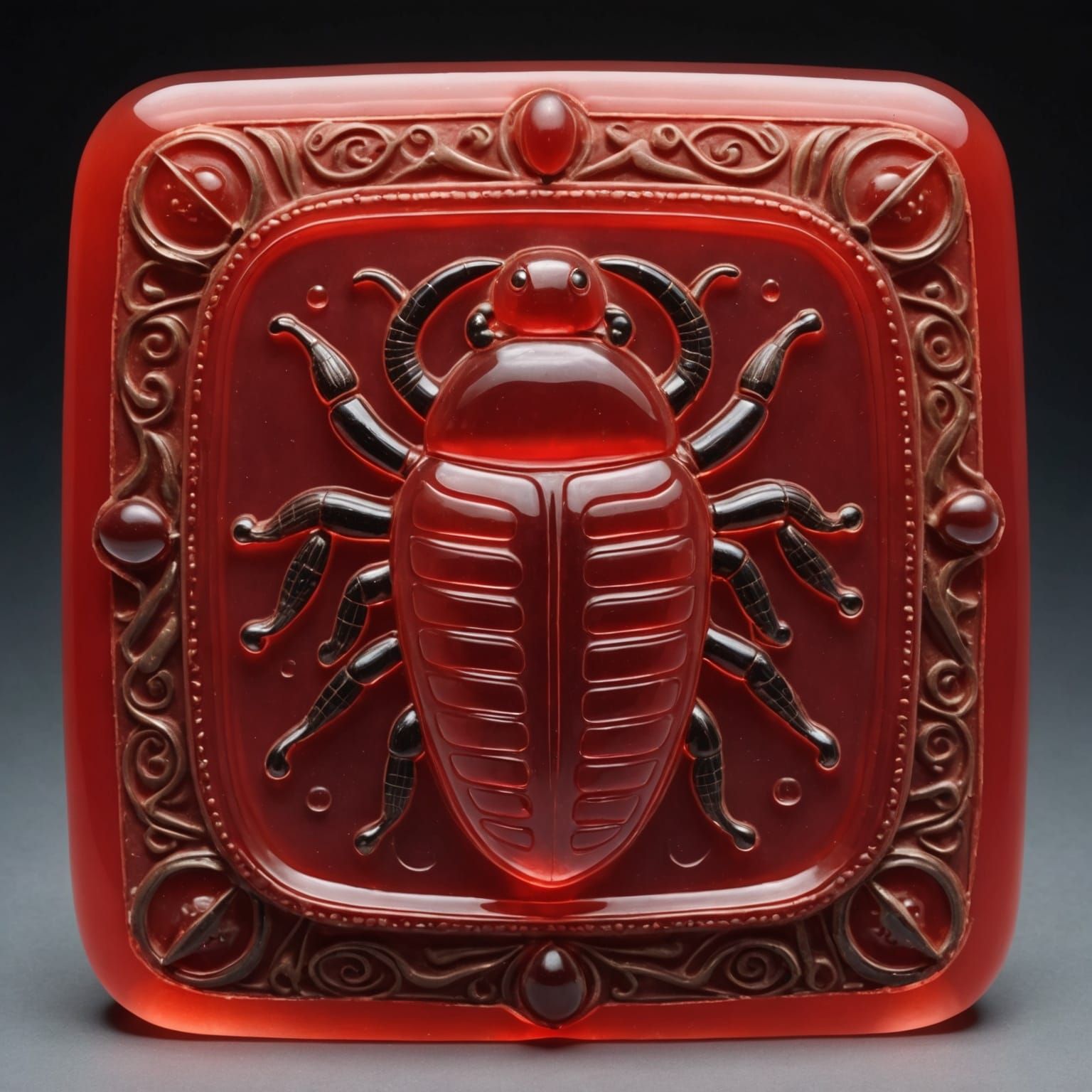Ornate Scarab Beetle Carved from Red Jelly
