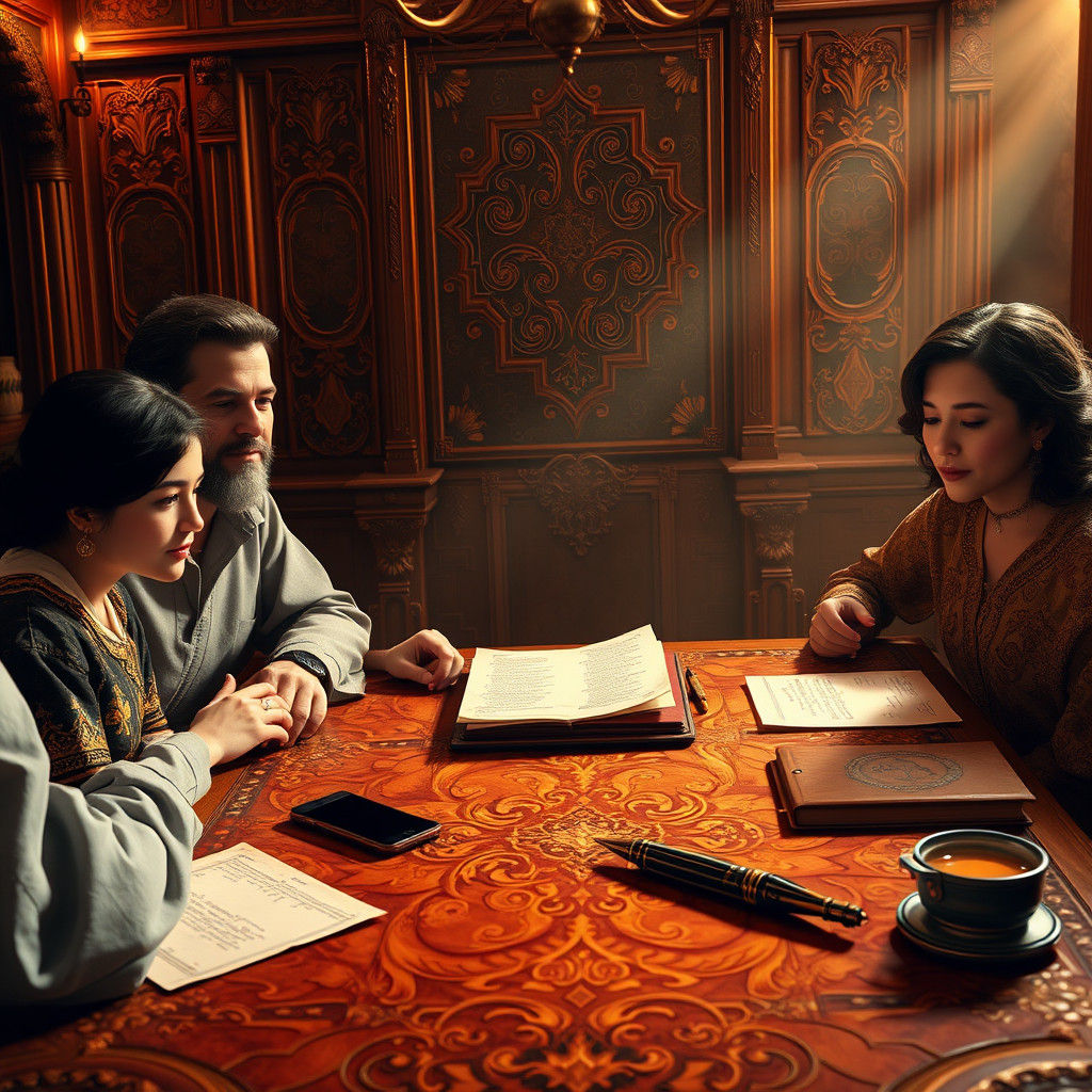 Contemplative Family Scene in Ornate Dreamlike Setting