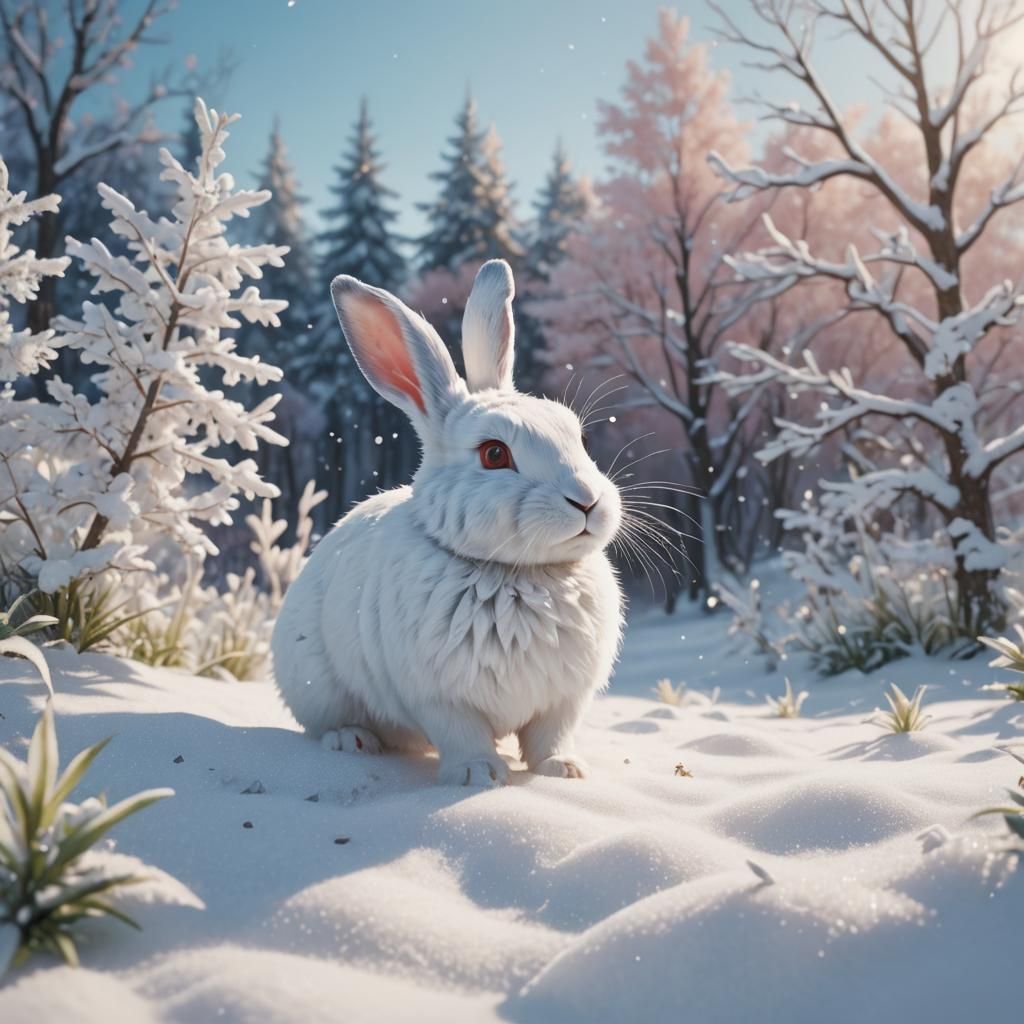 White Rabbit Hops Through Snowy Anime Landscape
