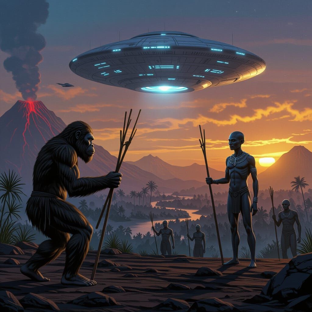 Homo Erectus Encounters Robotic Anunnaki in Epic Matte Paint...