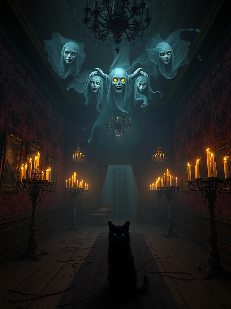 Haunted Mansion with Ghostly Apparitions and Cat