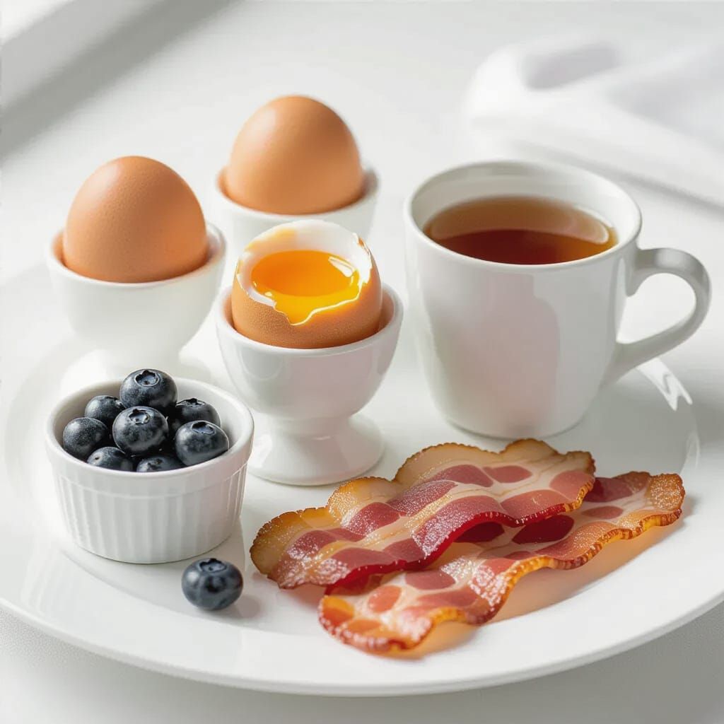 Soft Boiled Eggs and Bacon Breakfast in Hyperrealistic Style