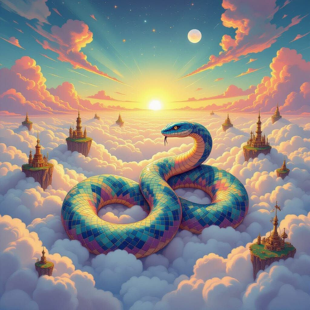 Giant Serpent on Cloud Cushion in Surreal Sky