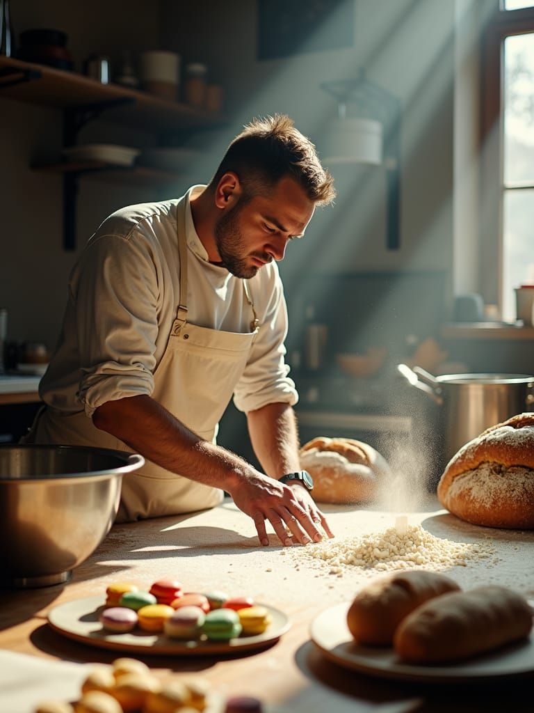Intense Baker in Studio with Colorful Pastries