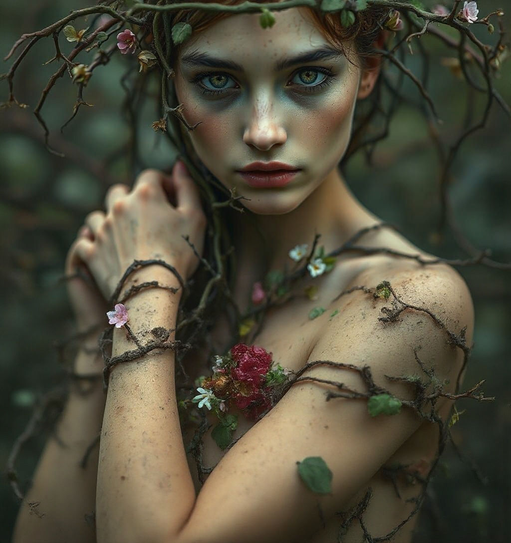 Surreal Goddess Emerges from Vines in Hyperrealist Portrait