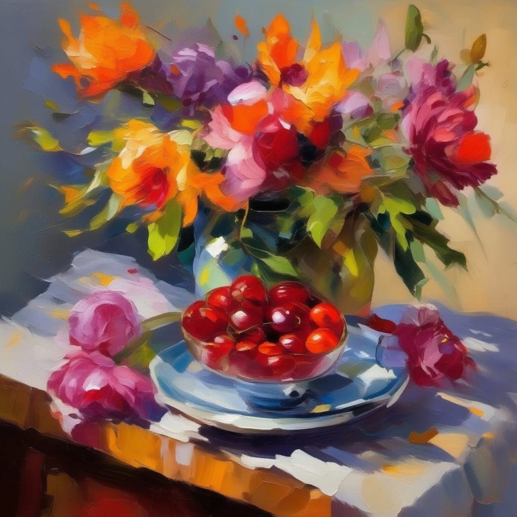 Vibrant Anemone and Cherry Still Life Oil Painting