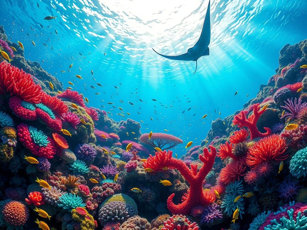 Vibrant Coral Gardens of the Great Barrier Reef in Sunlit Ra...