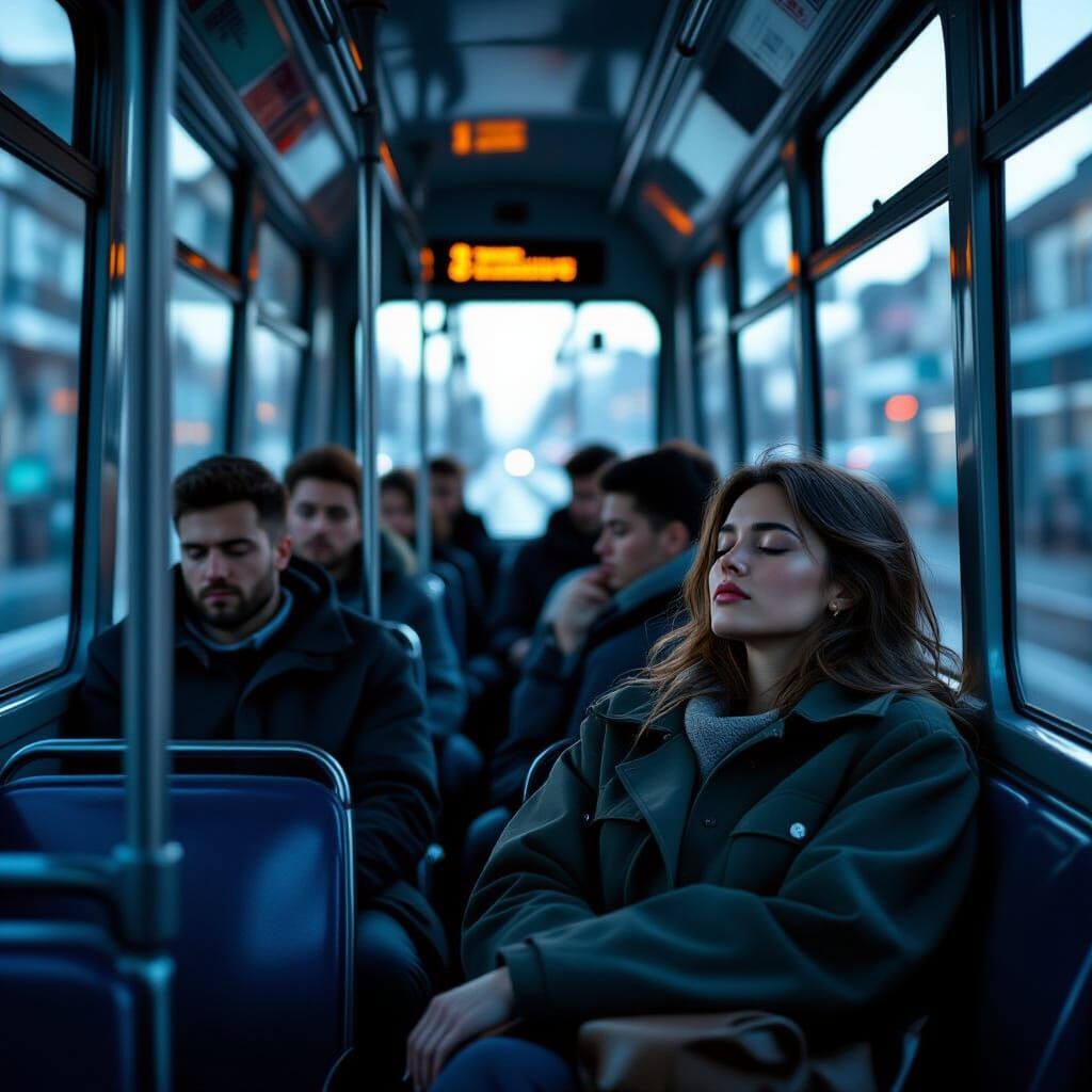 Peaceful Commute: Woman Dozing in Early Morning City Tram
