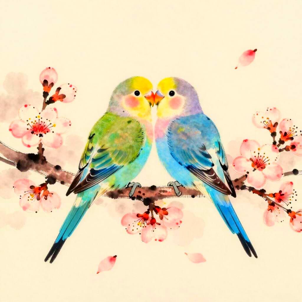 Pastel Love Birds Form Heart on Cherry Branch