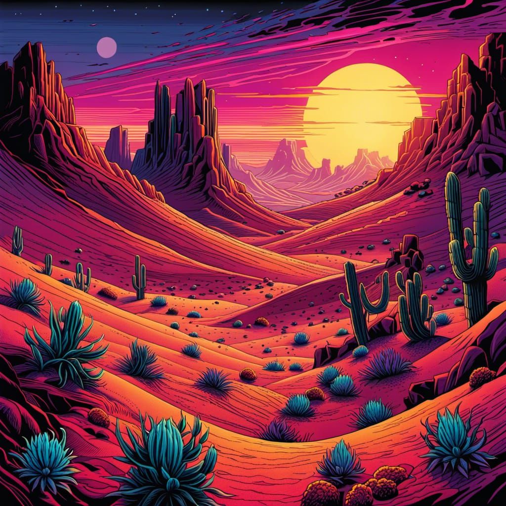 Kawaii Surrealist Desert Sunset in Neon Colors