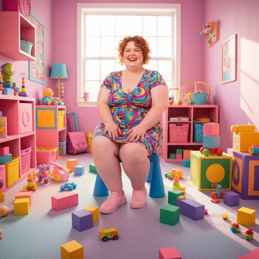 Woman in Playroom: Whimsical Pastel Art