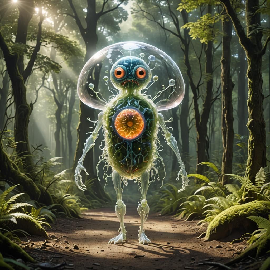 Surreal Hybrid Creature in Forest, Transparent Body