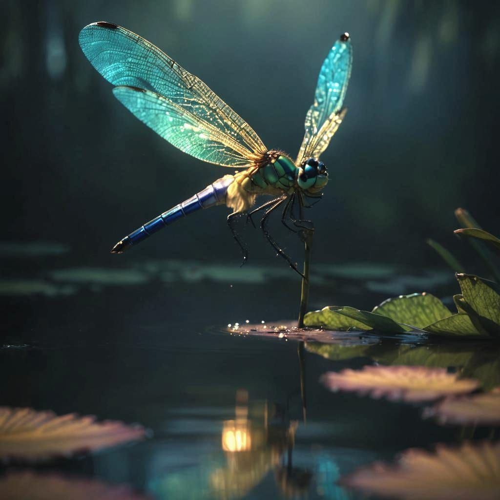 Iridescent Dragonfly on Lily Pad in Golden Light