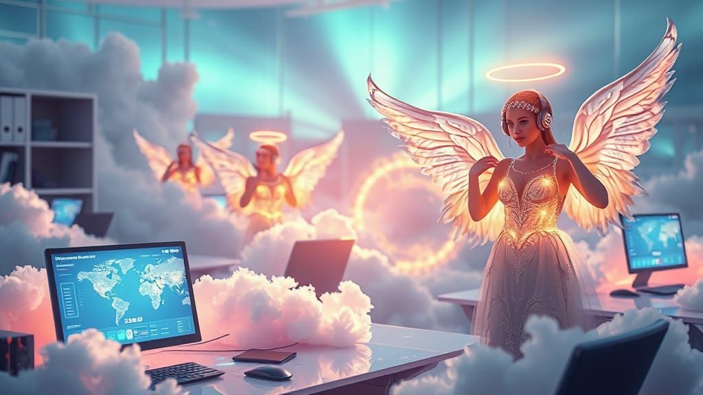 Angelic Call Center in a Luminous, Cloud-Softened Office Env...