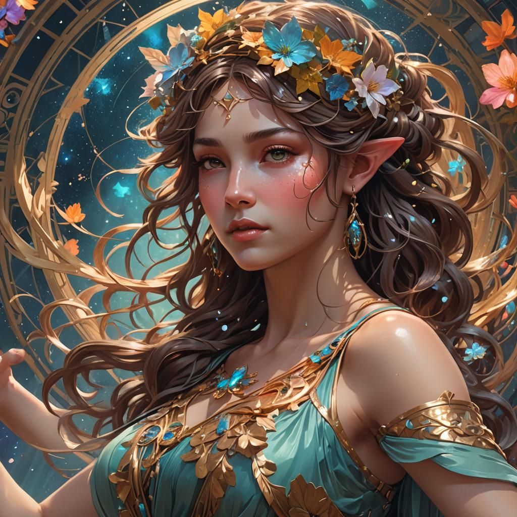 Dancing Celestial Nymph Portrait in Art Nouveau Style