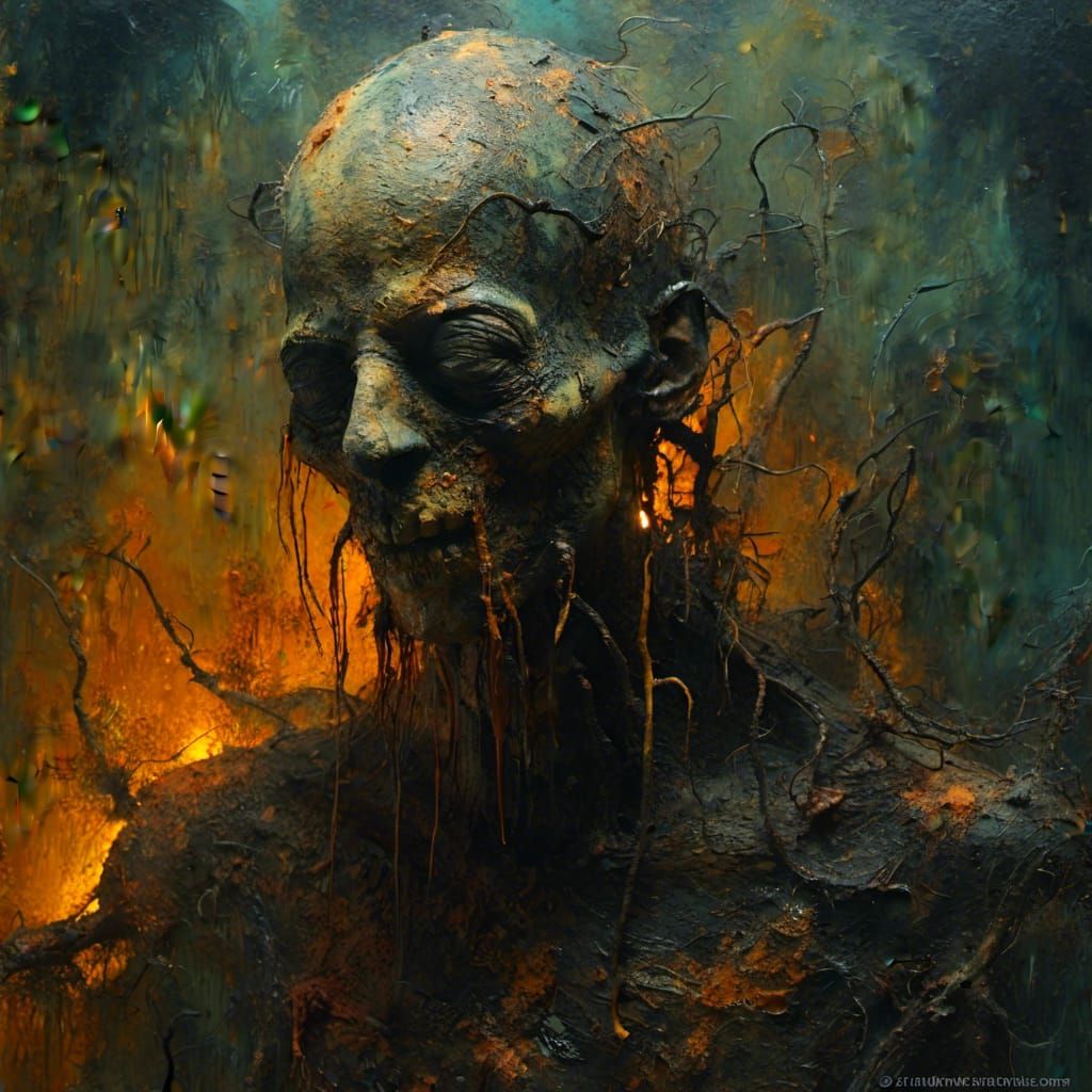 Grotesque Oil Painting in Haunted House, Beksinski Style