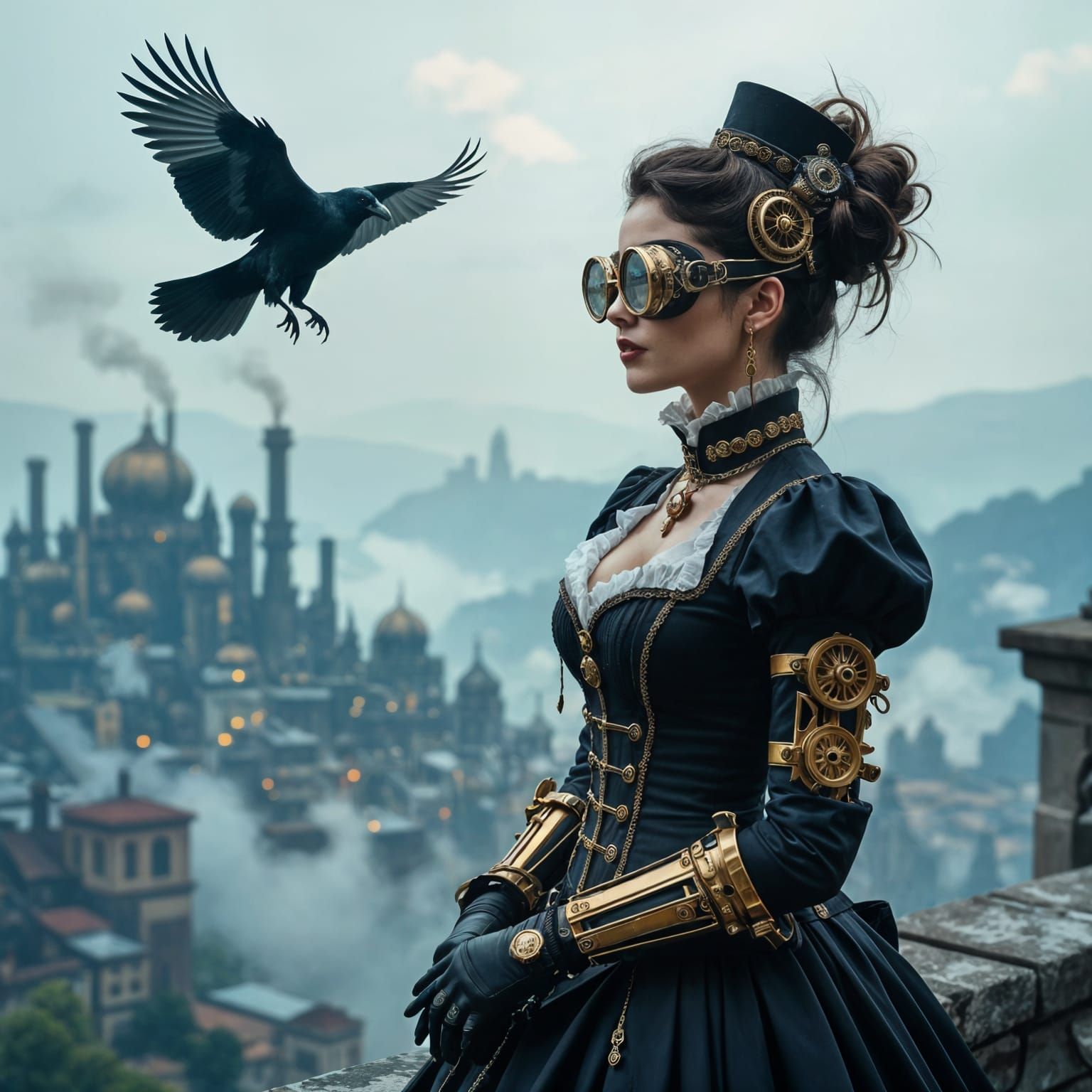 Steampunk Woman Overlooks Industrial City with Raven