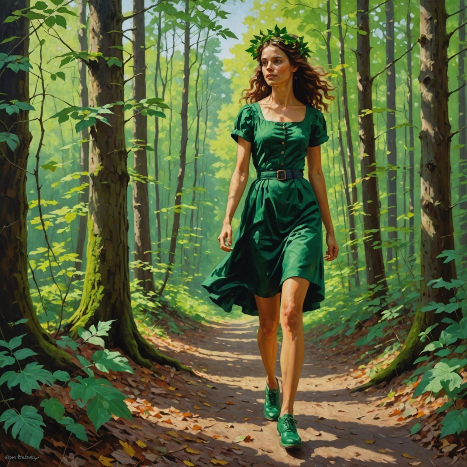 Sensual Woman Walking in Forest as Oil Painting