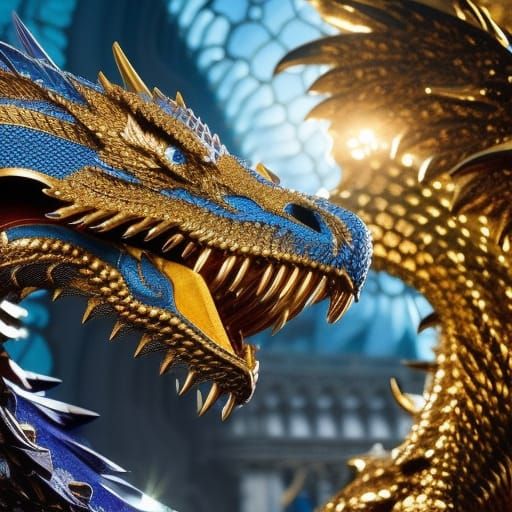 Hyperrealistic Dragon in Gold and Blue Armor
