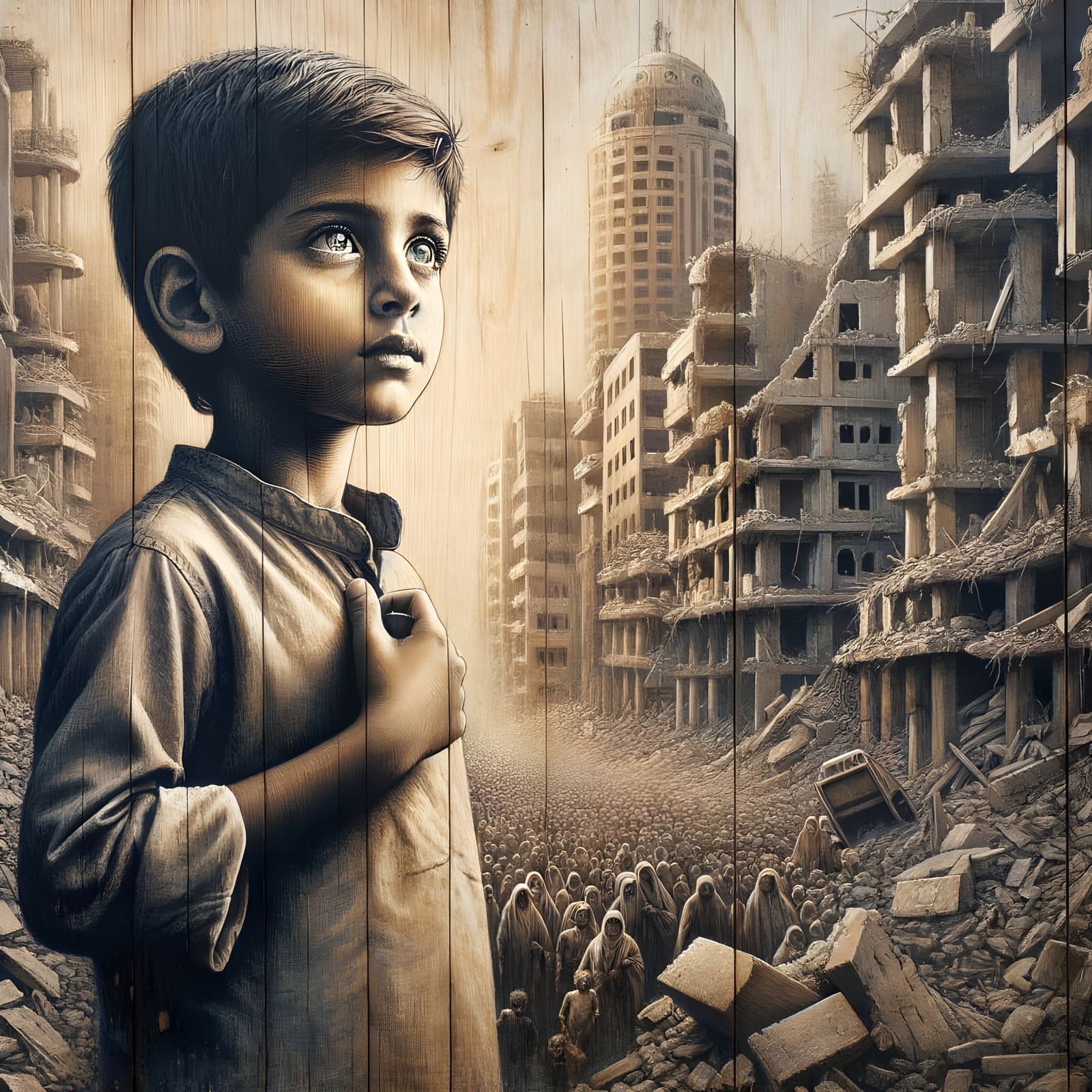 Determined Young Survivor Stands Amidst Ruins in a Somber ye...