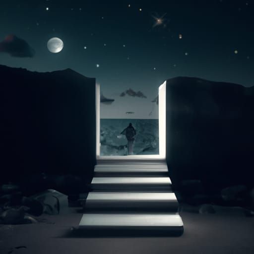 Man Walks to Doorway Under Starry Sky