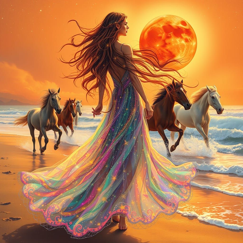 Golden Goddess in Whimsical Dreamlike Landscape