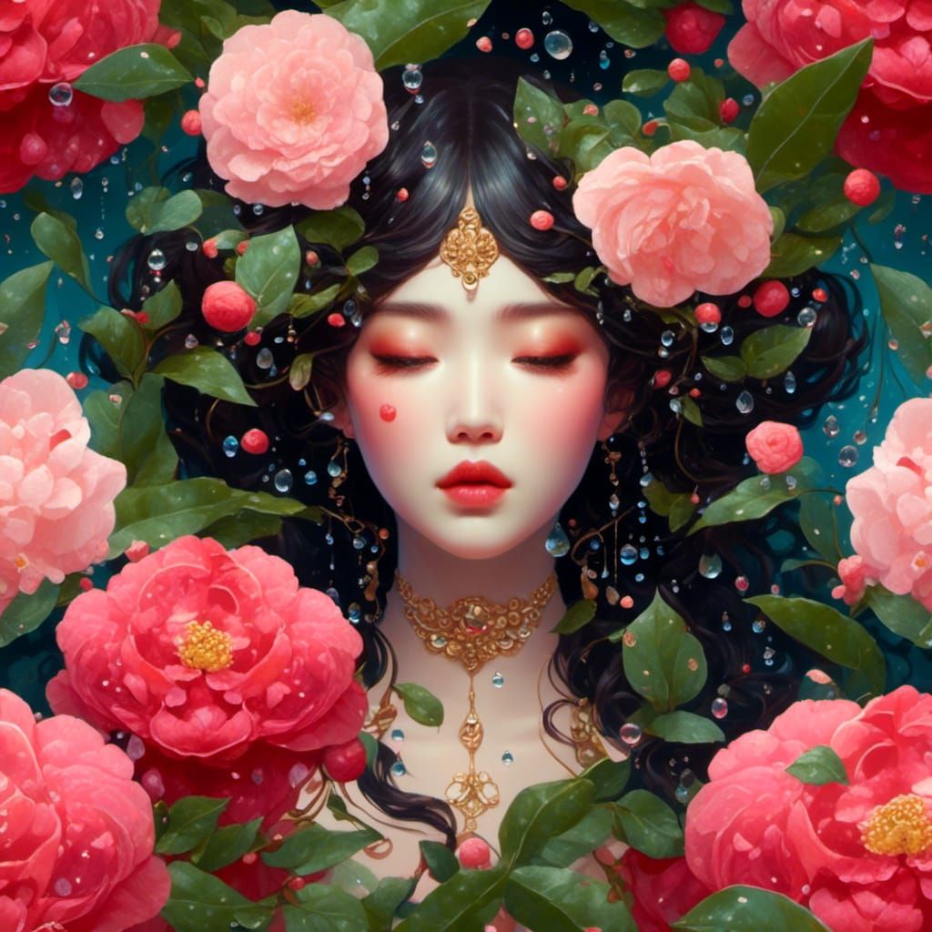 Art Nouveau Camellias with Water Droplets