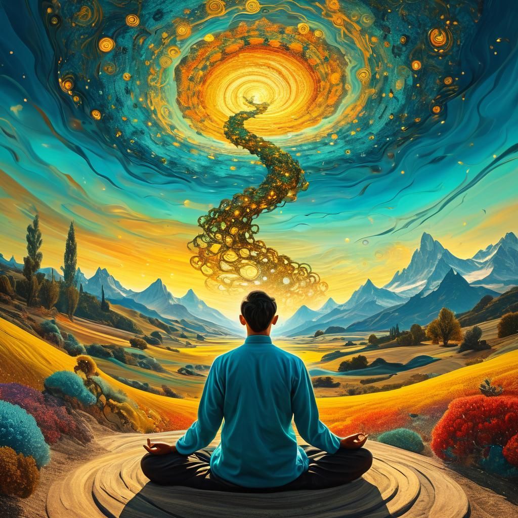 Meditating Man in Surreal Landscape, Expressive Brushstrokes