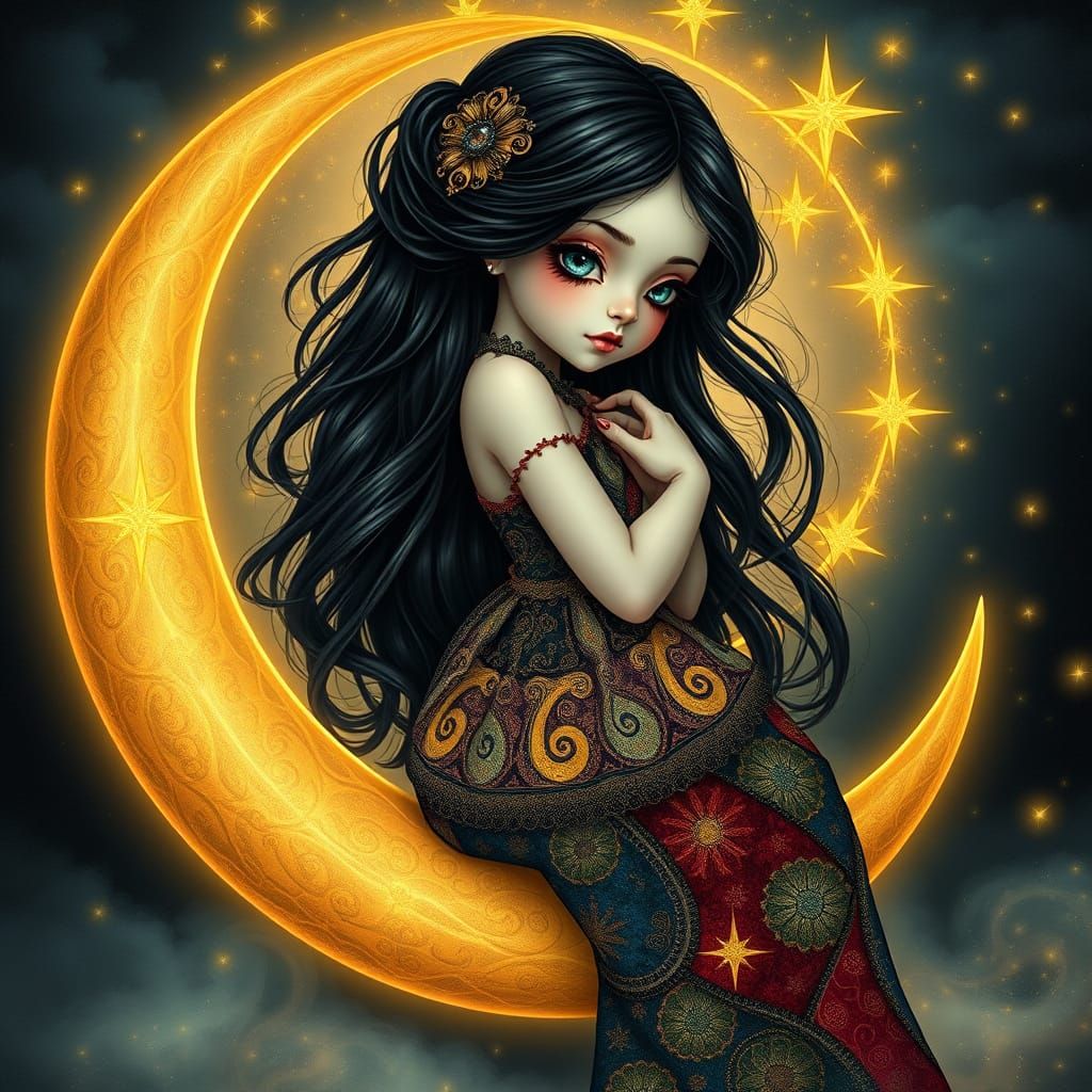 Ethereal Gothic Goddess on Crescent Moon