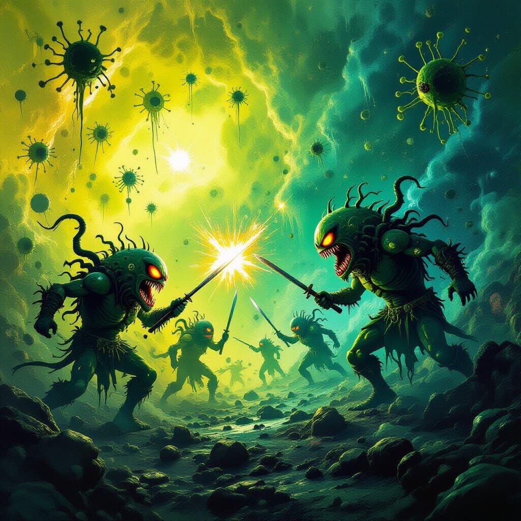 Cosmic Battle of Angelic vs. Evil Microbes