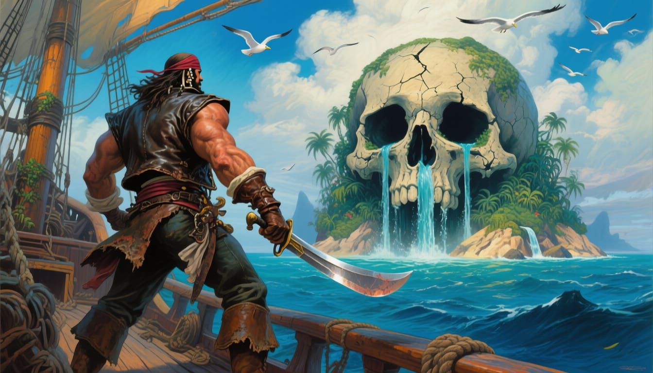 Pirate Approaches Skull Island in Frazetta Style