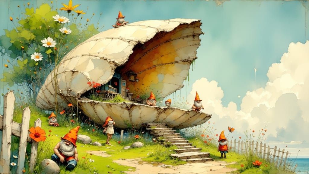 Whimsical Clam Shell Gnome Home on Lawn