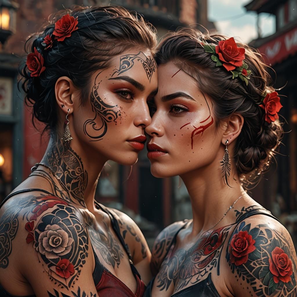 Two Beautiful Women Kissing in Detailed Matte Painting