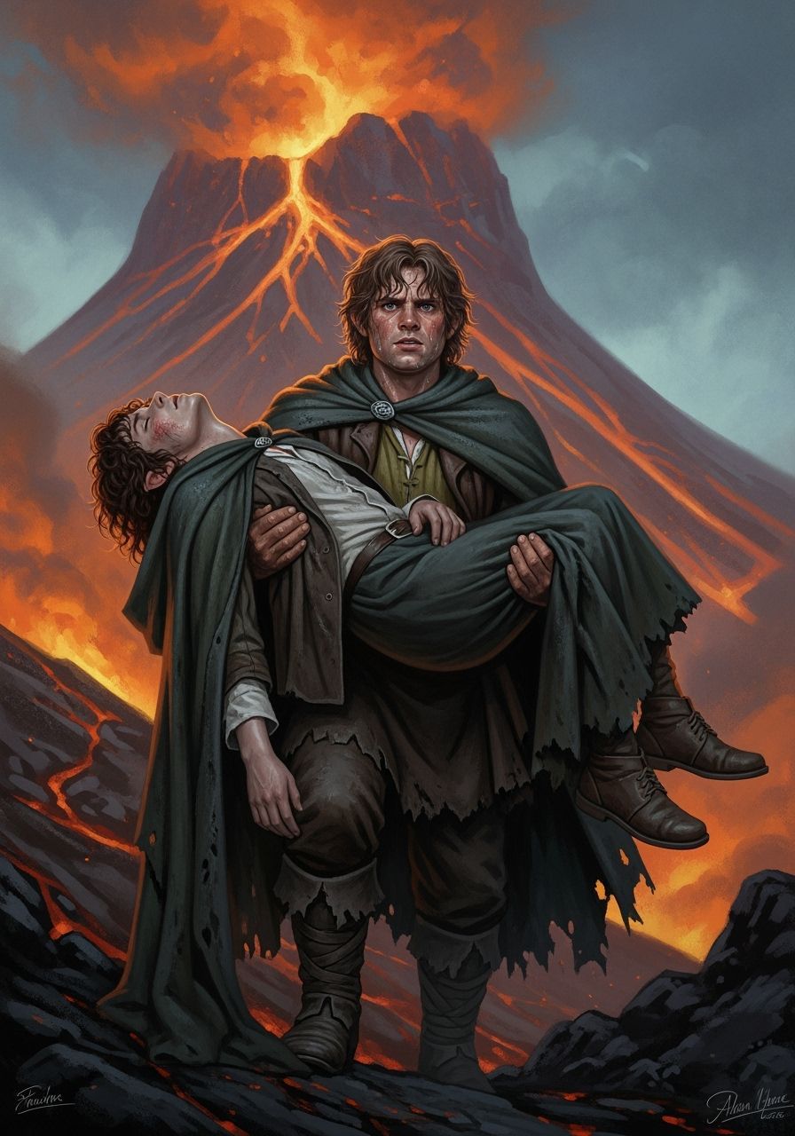 Samwise Carries Frodo Up Mount Doom in Painterly Style